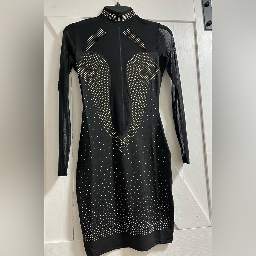 Diamonds Sheer Mesh Club Dress Turtleneck Long Sleeve Mini Party Dresses